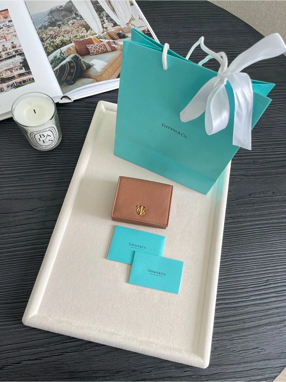 Tiffany & Co. Brown Pebbled Leather Tri-Fold Wallet Gold TC Logo NEW $650